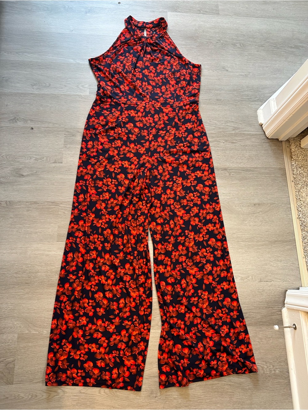 Nina Leonard L Orange & Blue Floral Halter Wide-Leg Jumpsuit